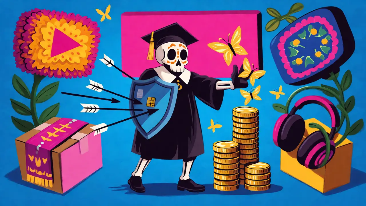 Skeletal student guarding finances from subscription costs