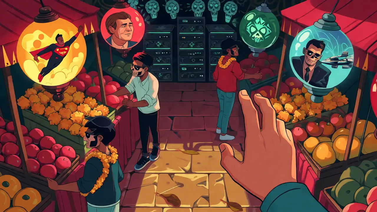 Skeletal vendors selling glowing content orbs in a stylized digital bazaar.