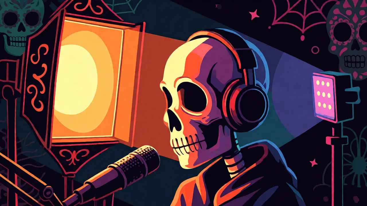 Skeleton character demonstrating key and fill light angles in Day of the Dead style