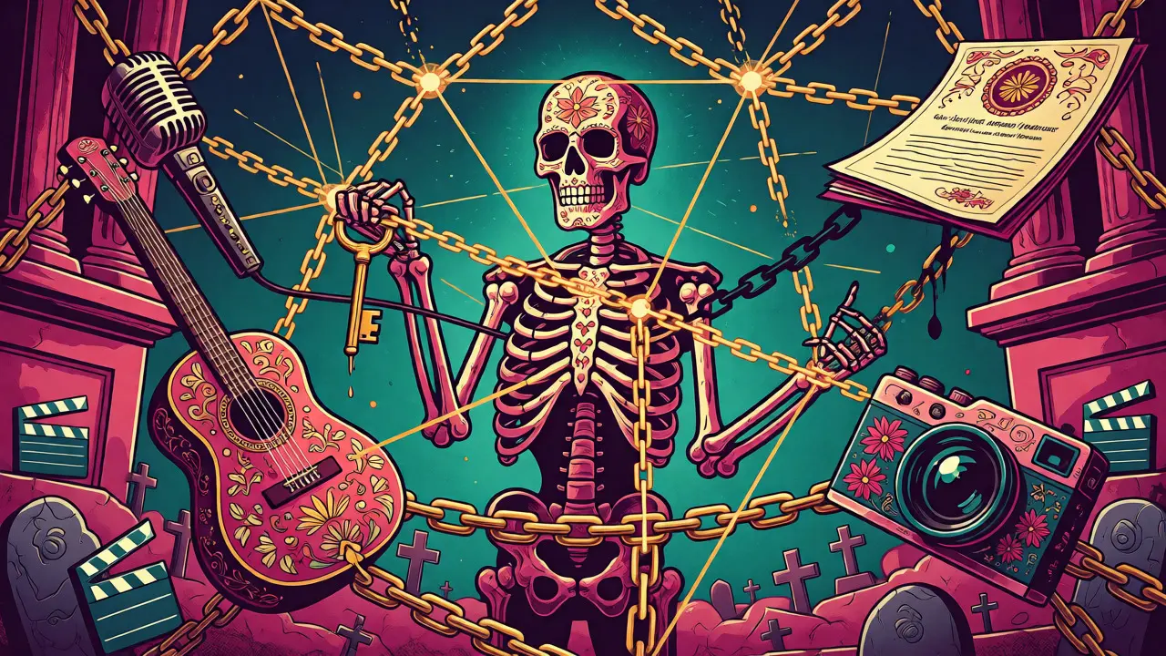 Skeleton producer auditing a chain of title with glowing connections to film assets.