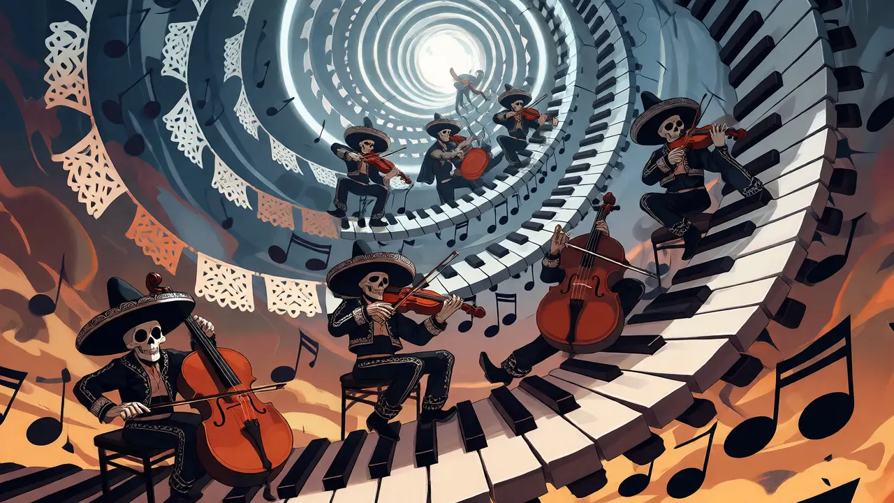 Skeletons playing instruments on a spiraling staircase representing musical tension