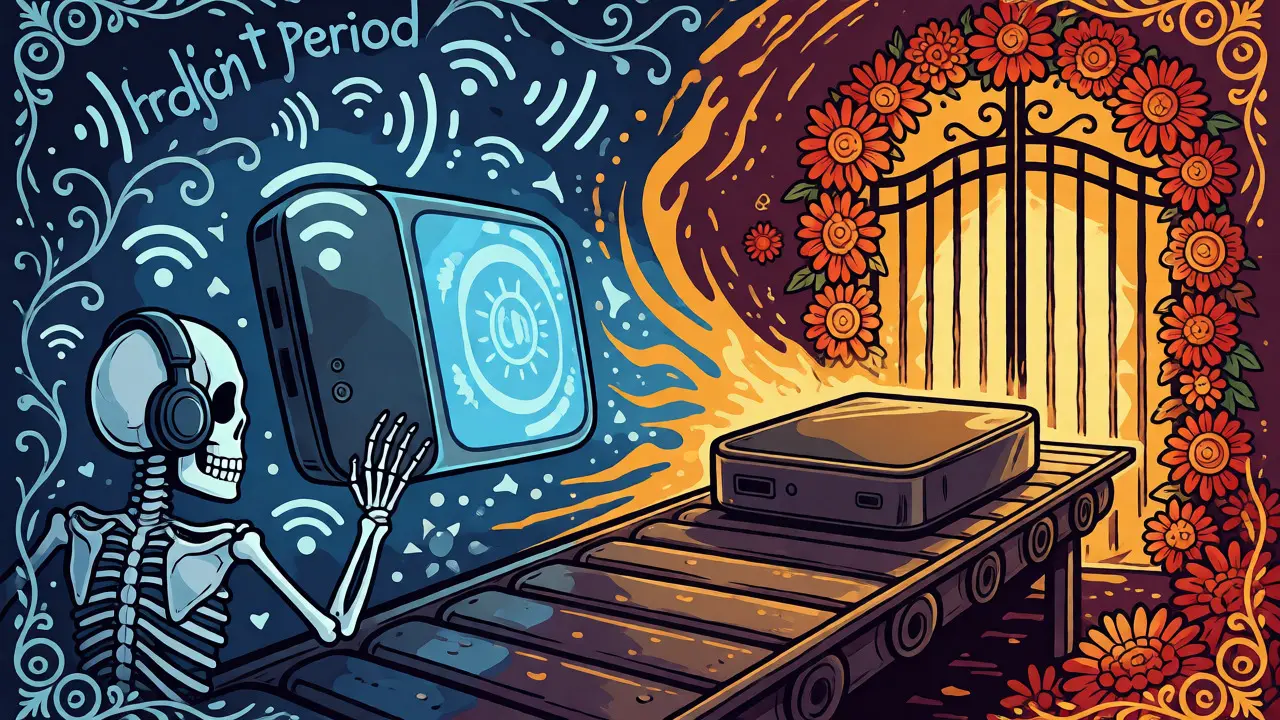 Split scene showing a streaming device being tested versus being returned through a floral gate.