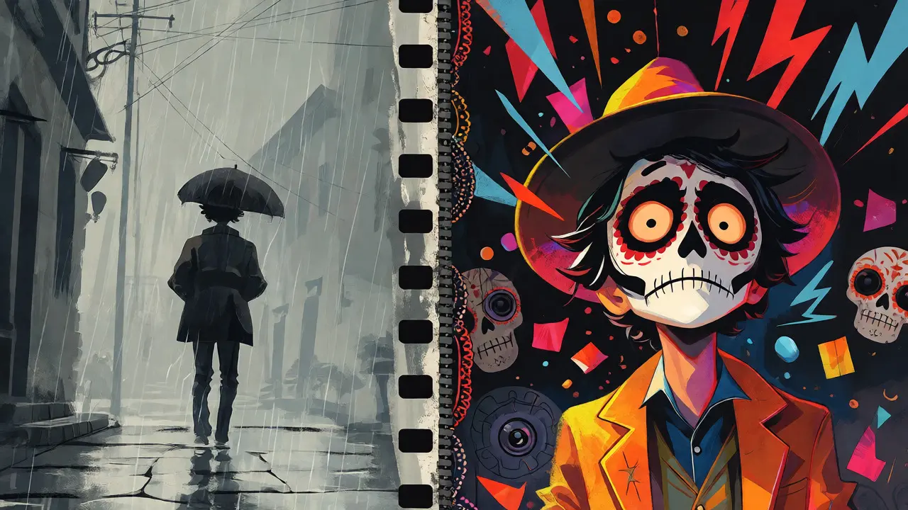 Split screen contrasting grey realism with vibrant formalist imagery and film strip divider.