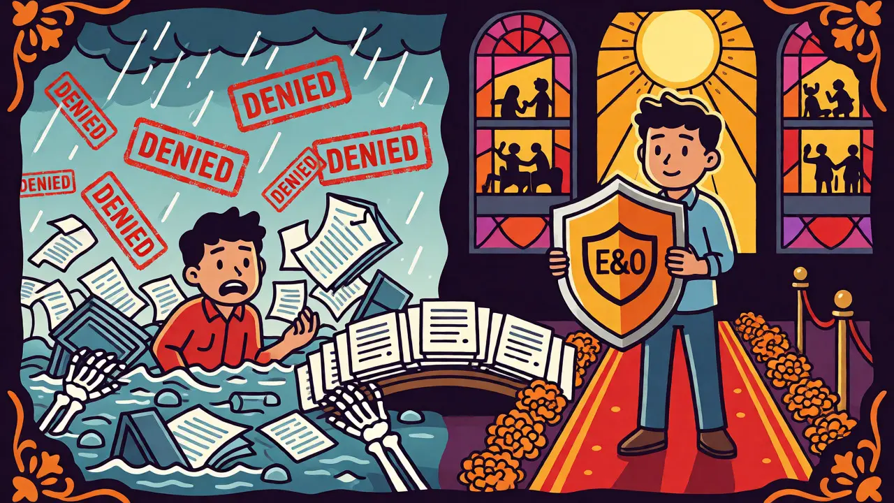 Split view of a filmmaker facing legal chaos versus protected success with an E&amp;O shield.