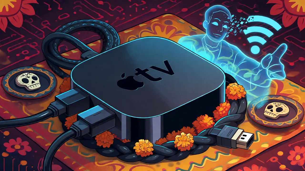 Streaming device depicted as an altar offering with cables and codec symbols in illustrative style.