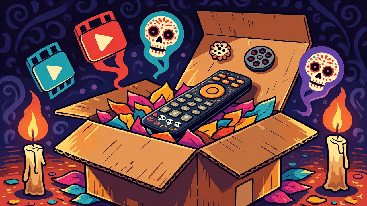 Streaming remote inside a box surrounded by subscription icons styled as Day of the Dead spirits.