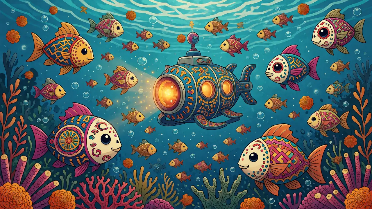 Submarine exploring a coral reef with sugar skull styled sea creatures.