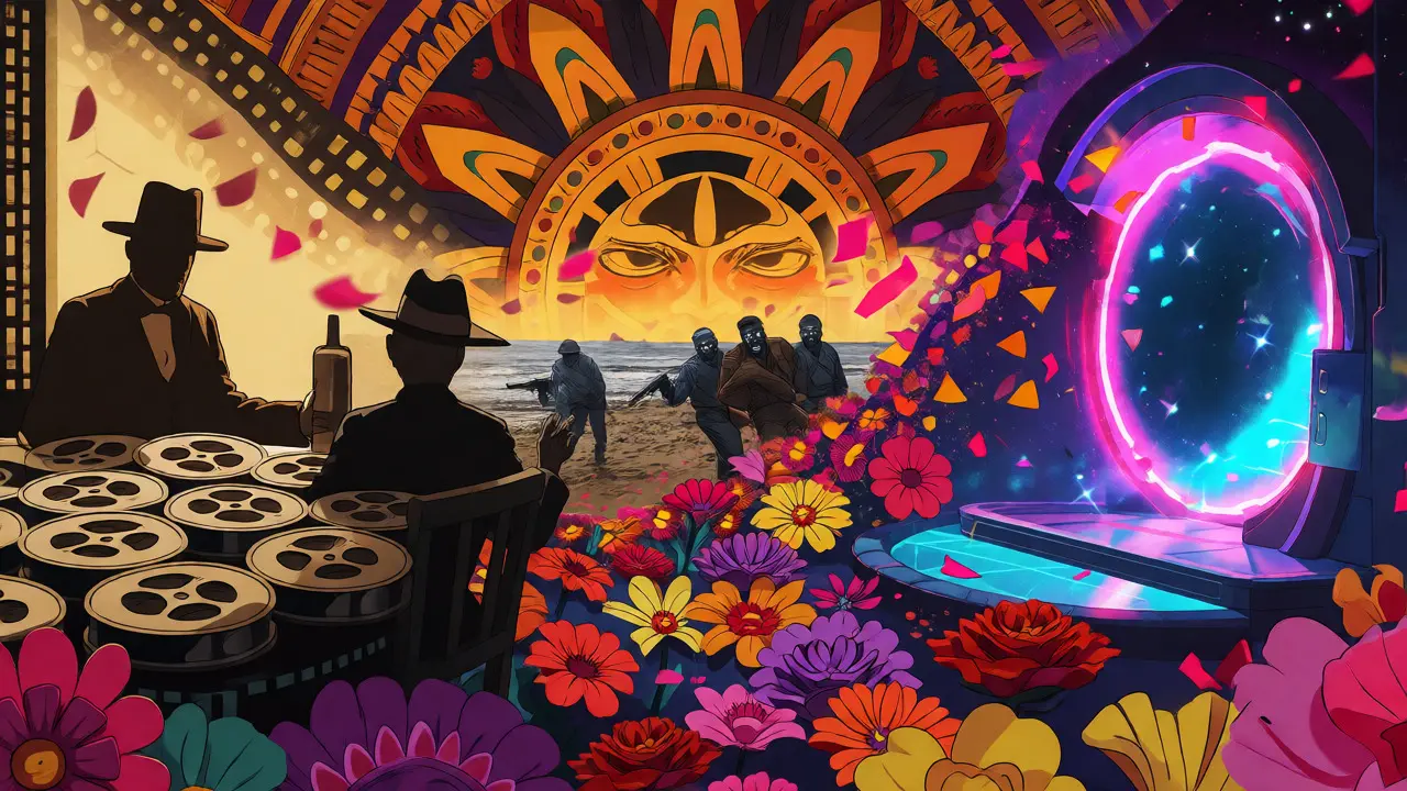 Surreal collage blending gangster, war, and sci-fi scenes in Day of the Dead style.