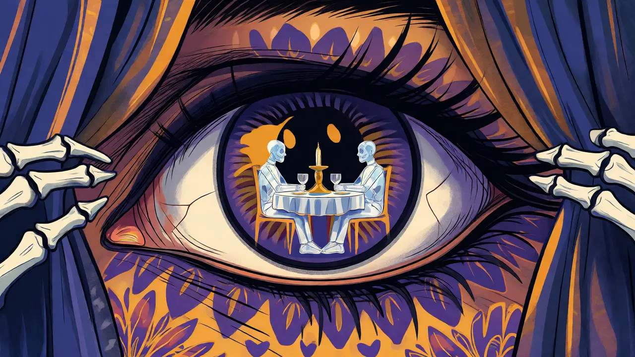 Surreal eye containing a miniature dinner scene held by skeletal hands, symbolizing cinematic subtext.