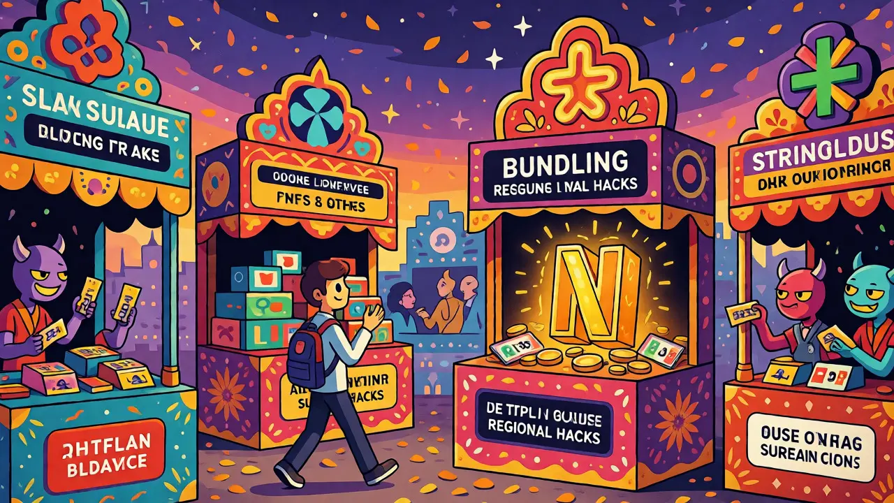 Surreal marketplace of streaming service stalls depicted in vibrant Day of the Dead cartoon style.