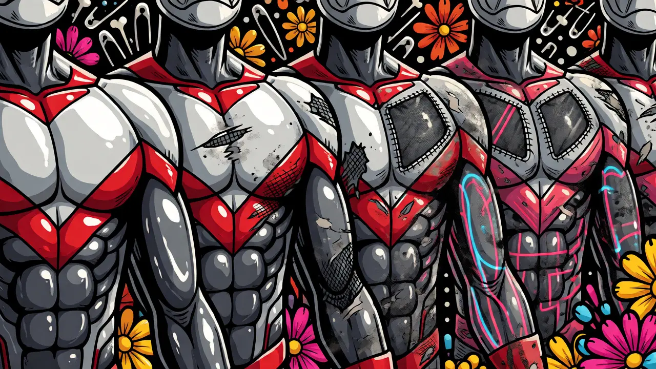 Three mannequins showing pristine, distressed, and mechanical views of a suit
