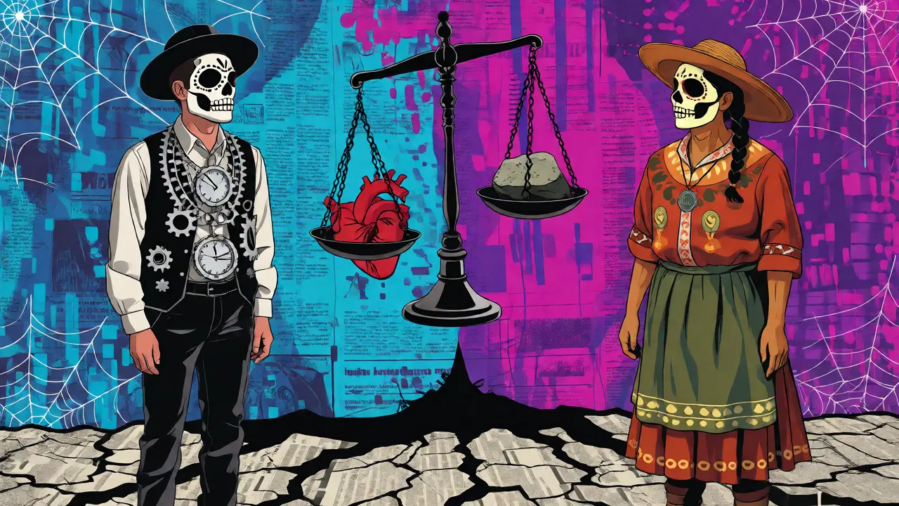 Two figures representing different social classes balancing a heart and stone on a scale in vibrant colors.