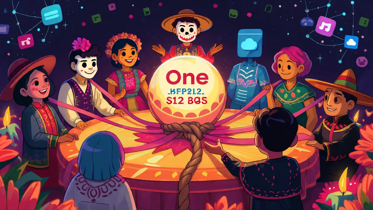 Whimsical illustration of Apple One bundles saving money through combined services.