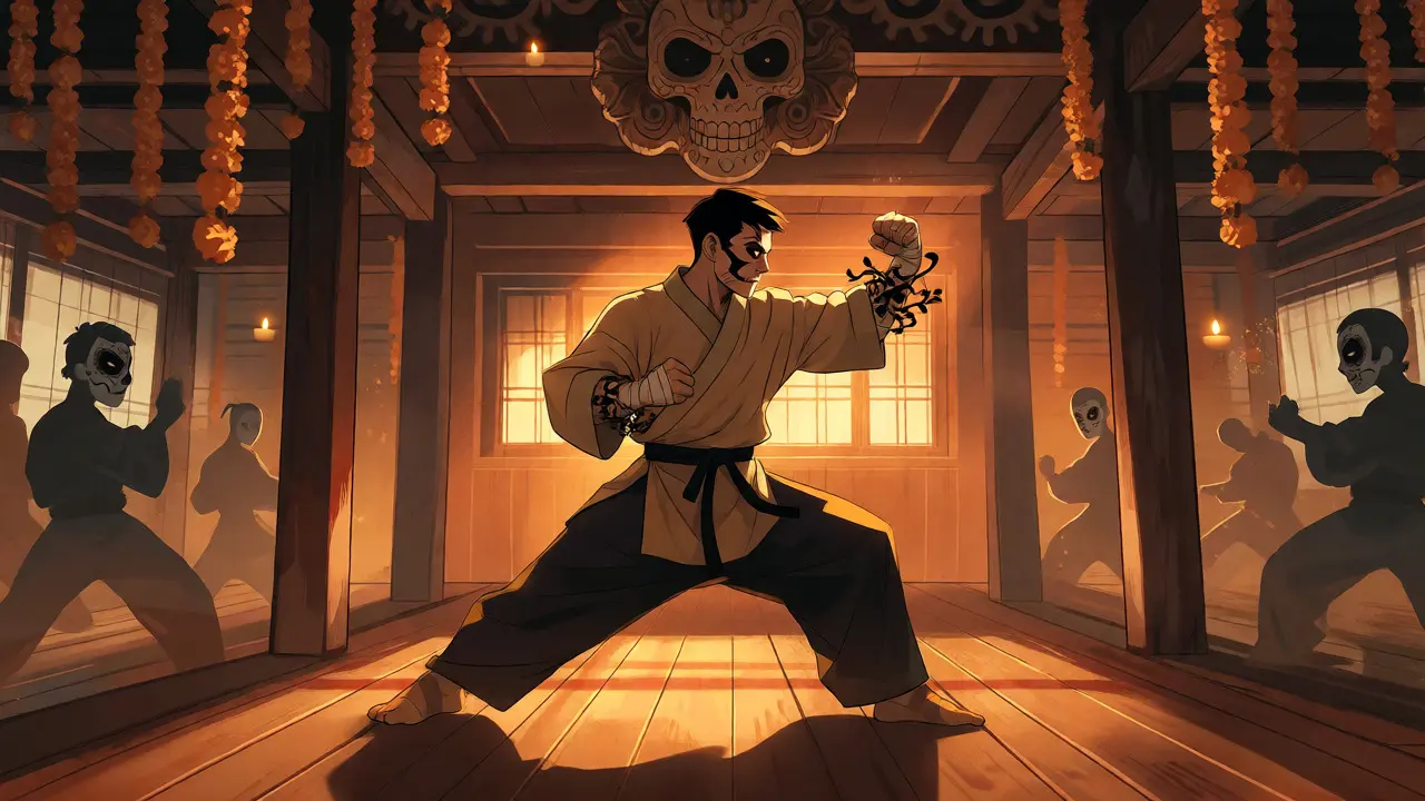 Wing Chun master in a decorated hall with floral and skull motifs.